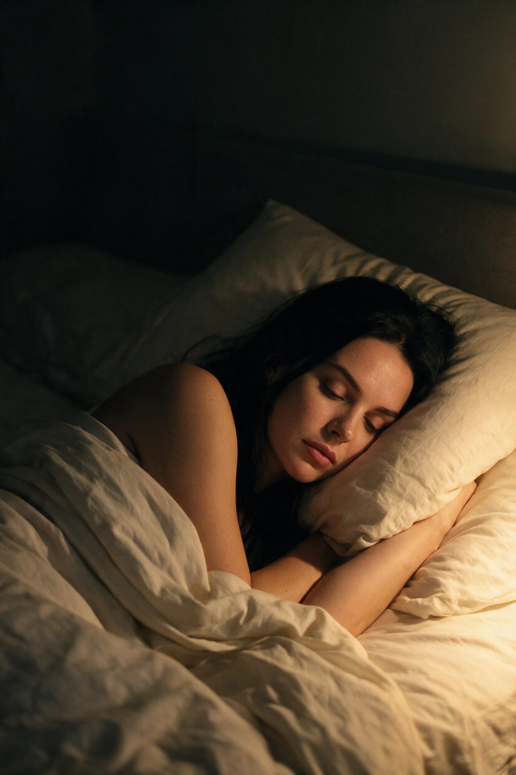 Ava Benet, lying in bed at night in a dimly lit room